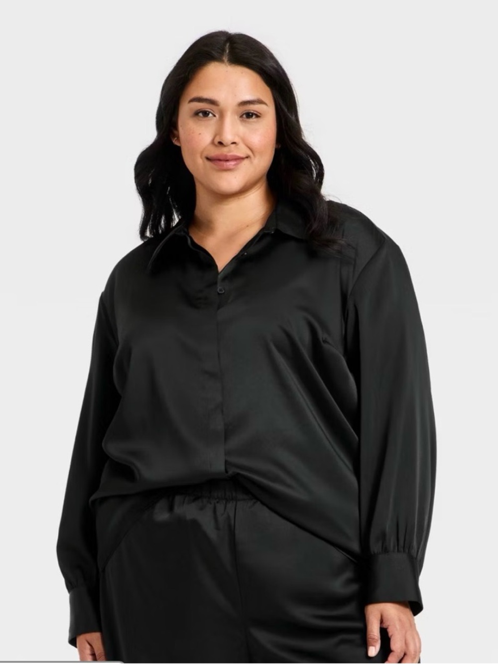 Black Satin Button-Up Shirt